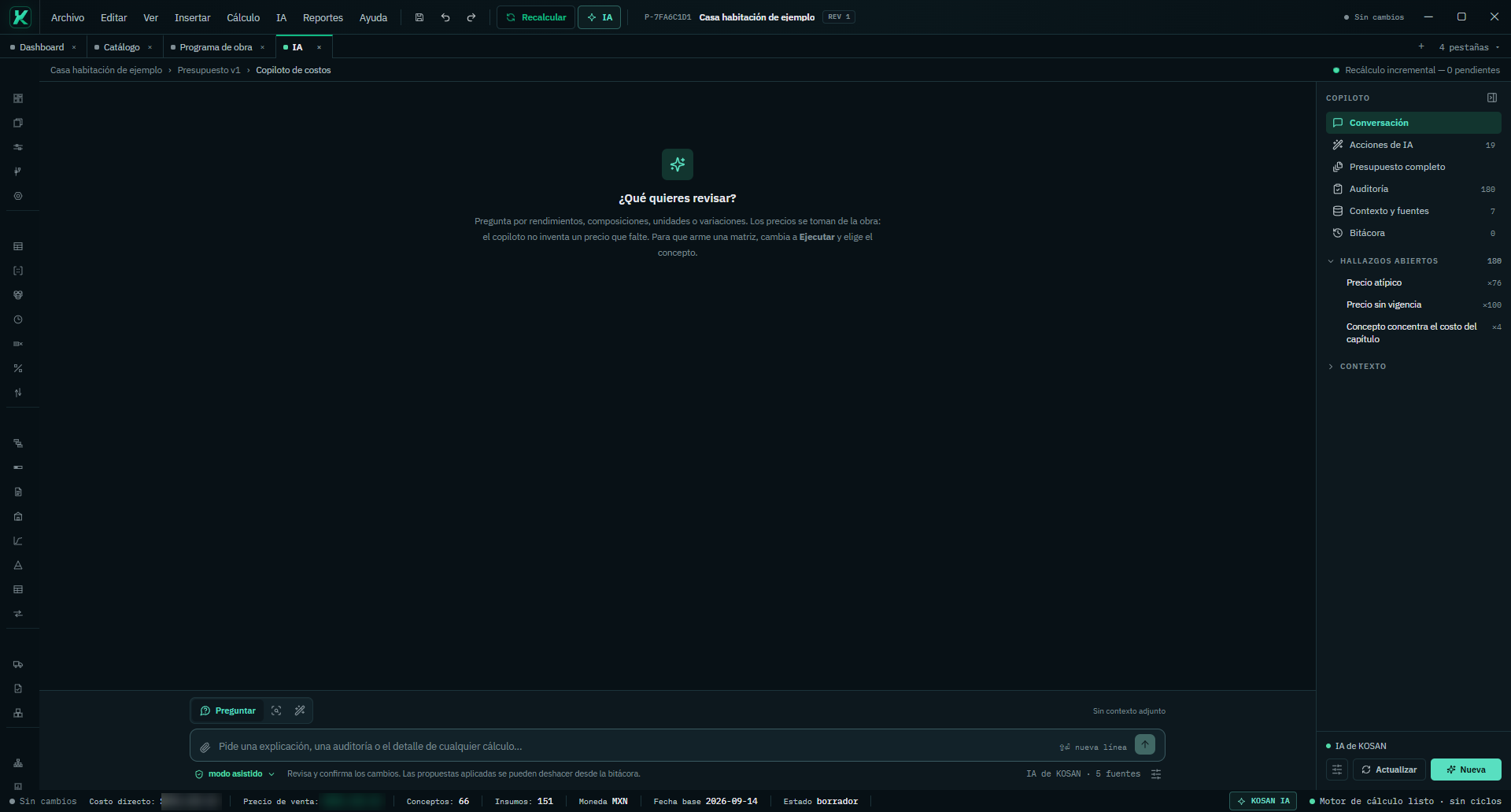 Copiloto de costos de KOSAN: pregunta por rendimientos, composiciones, unidades o variaciones; panel lateral con Conversación, Acciones de IA, Auditoría, Contexto y fuentes, y Bitácora.