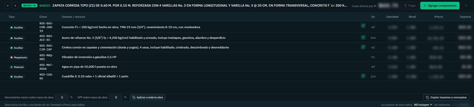 Detalle móvil de una matriz de precio unitario.