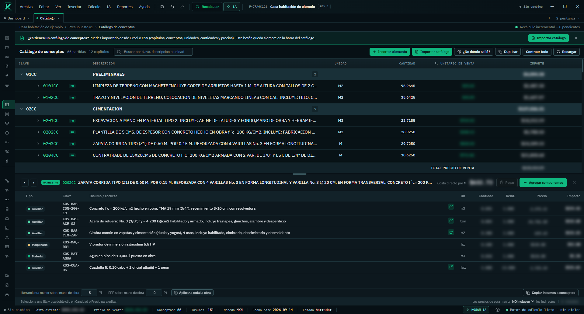 Matriz de precio unitario con materiales, maquinaria y mano de obra.