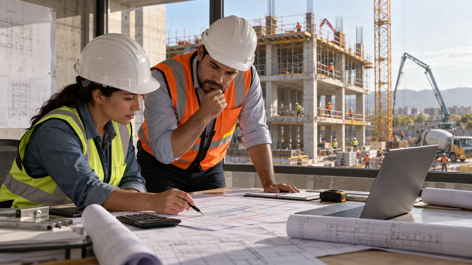 Profesionales con casco revisan planos y un programa de obra en una oficina frente a una construcción.