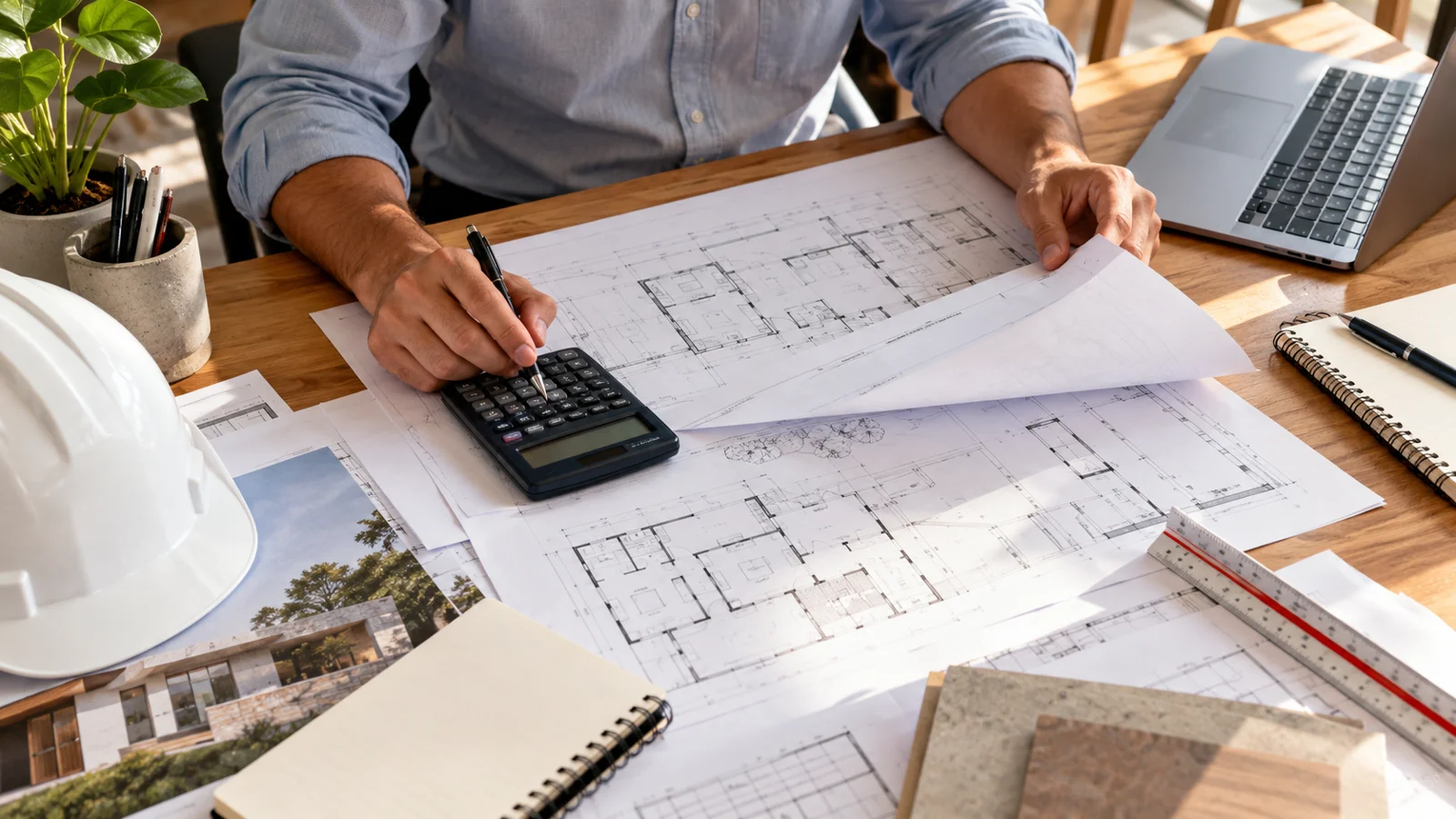 Mesa de trabajo con planos, calculadora y documentos para analizar el precio de una obra.