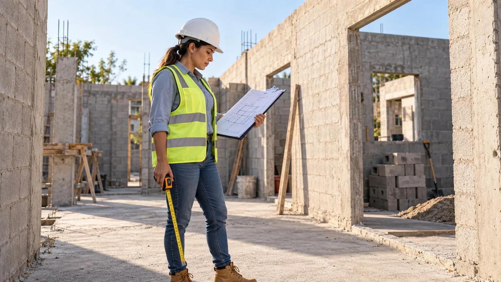 Ingeniera revisando planos y espacios de una obra para preparar el presupuesto