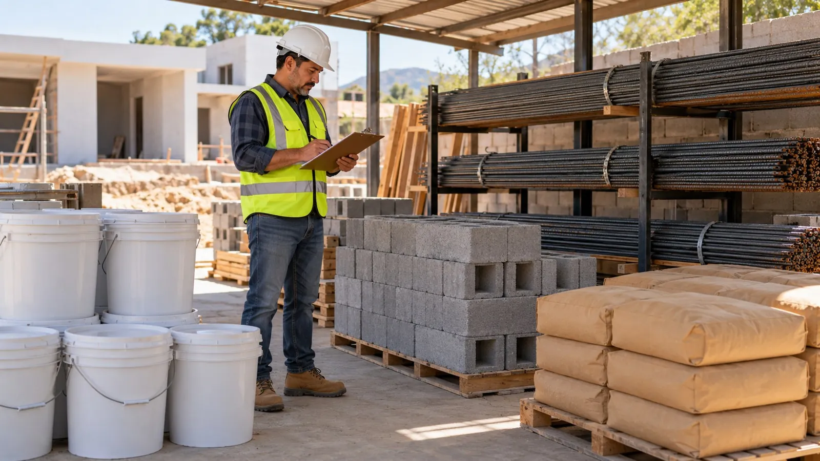 Ingeniero revisando materiales almacenados para planear los insumos de una obra