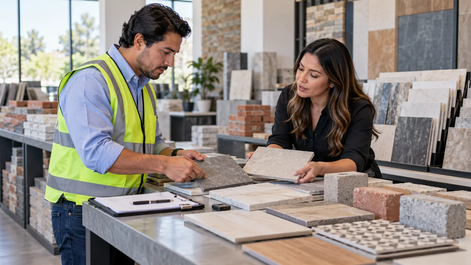 Dos profesionales comparan muestras y documentos de materiales.