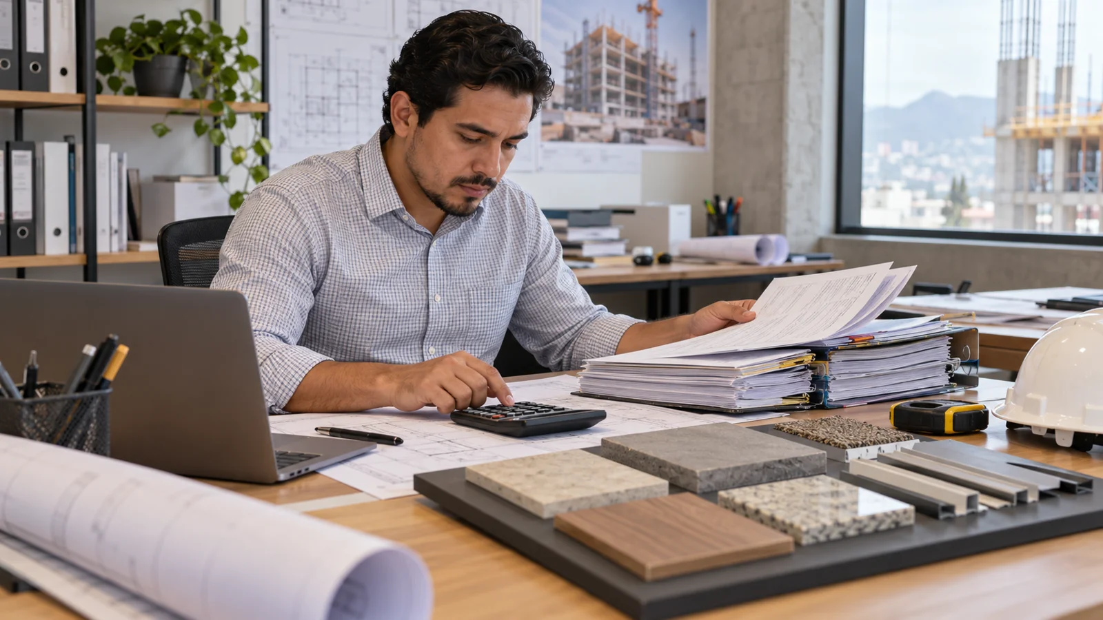Un analista revisa documentos de proveedores y precios de materiales para actualizar un presupuesto.
