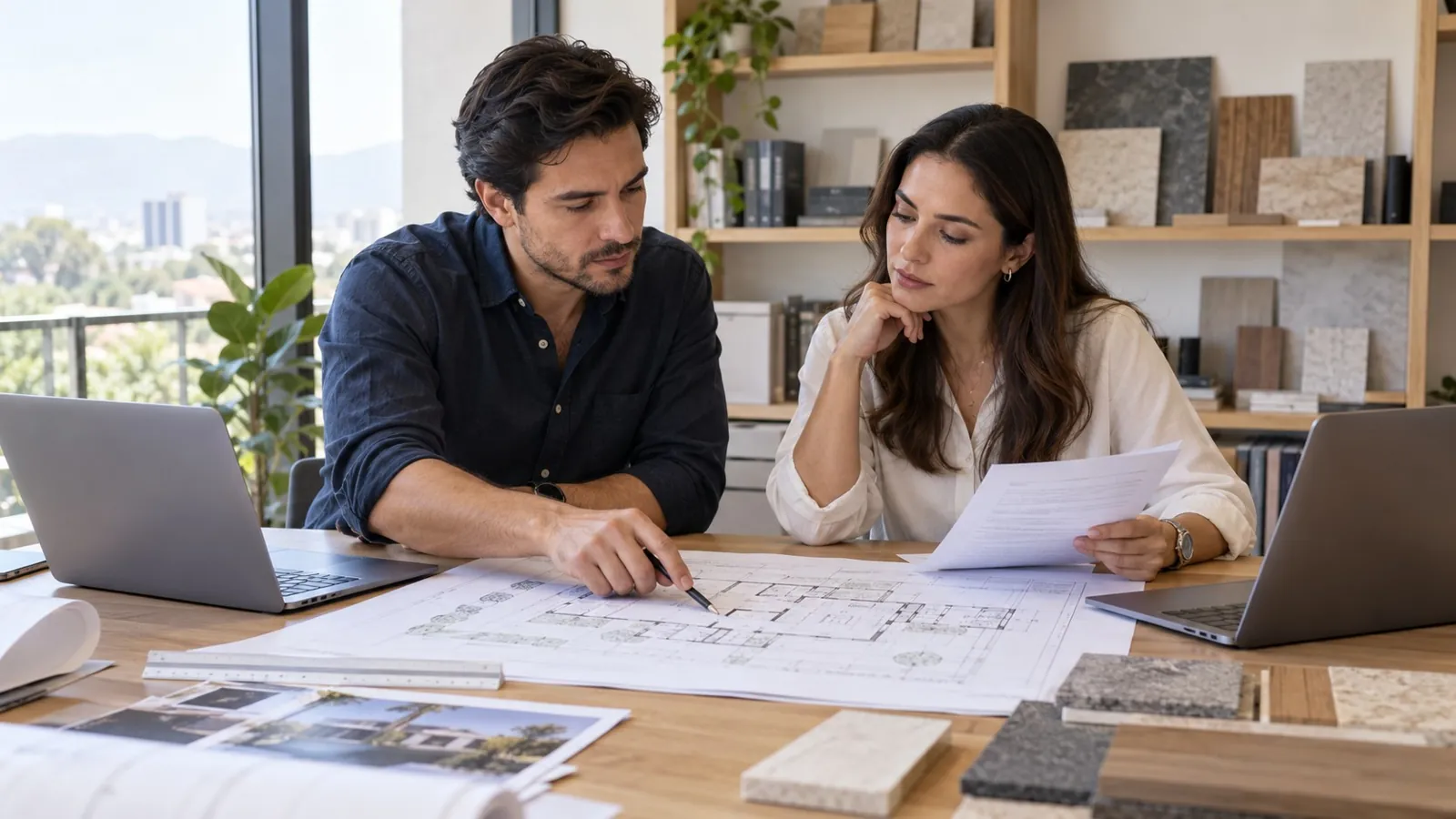 Profesionales revisando planos y un presupuesto de construcción con una computadora