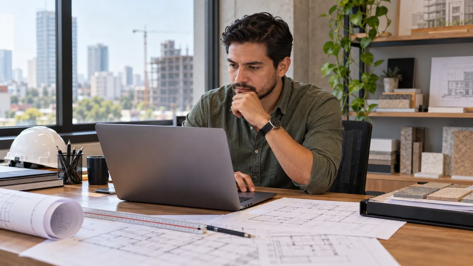 Profesional de construcción trabajando con una computadora y planos de presupuesto